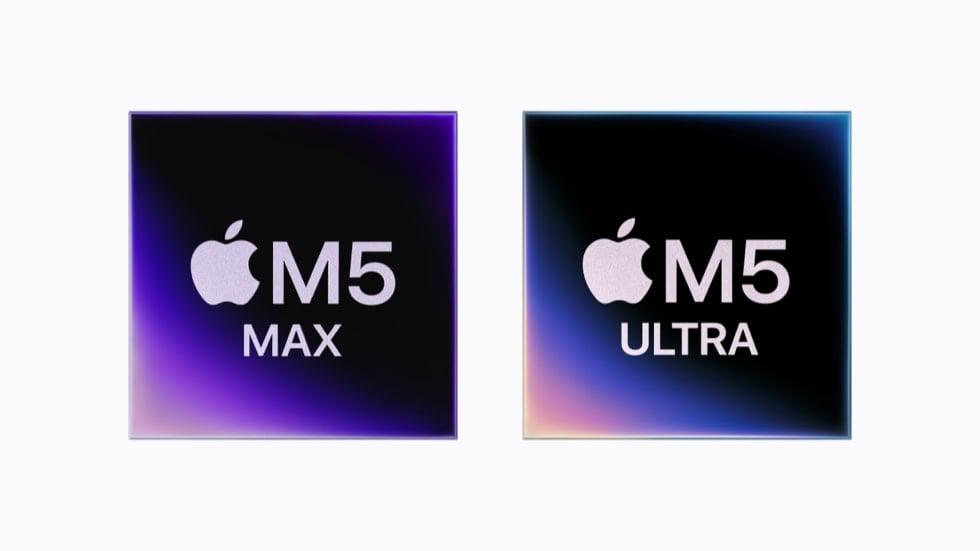 Side-by-side graphics representing the Apple M5 Max and M5 Ultra chips.