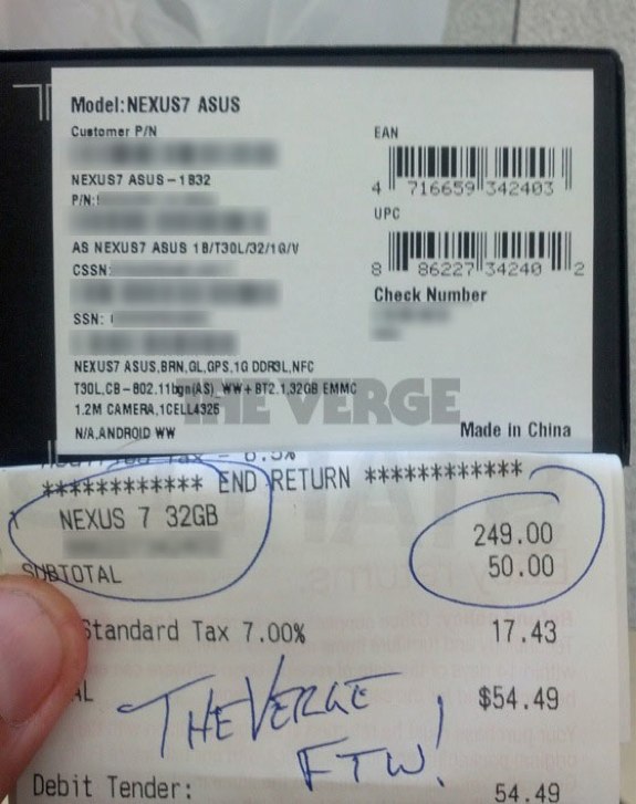 Nexus 7 32GB Version Receipt