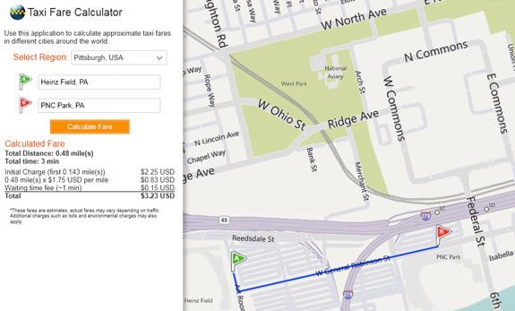 Bing Maps taxi fare calculator