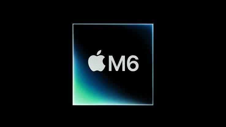 The Apple M6 chip logo on a blue and purple gradient background.
