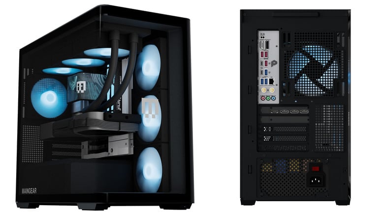 Maingear render of its zero-cable desktop PC showing internal components and rear connections