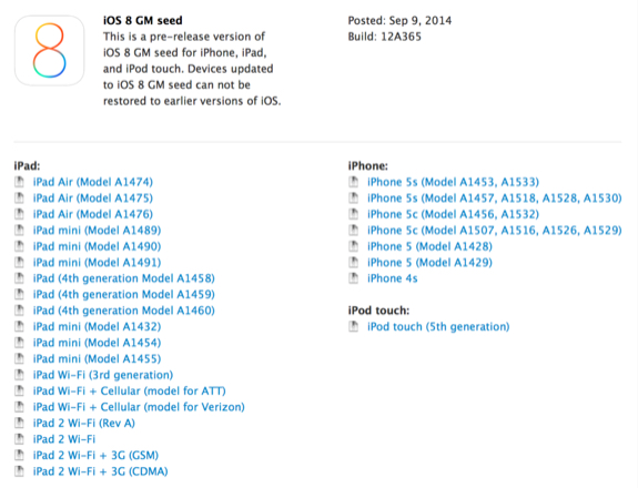 iOS 8 golden master 12a365