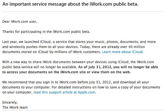 iWork Beta ends icloud