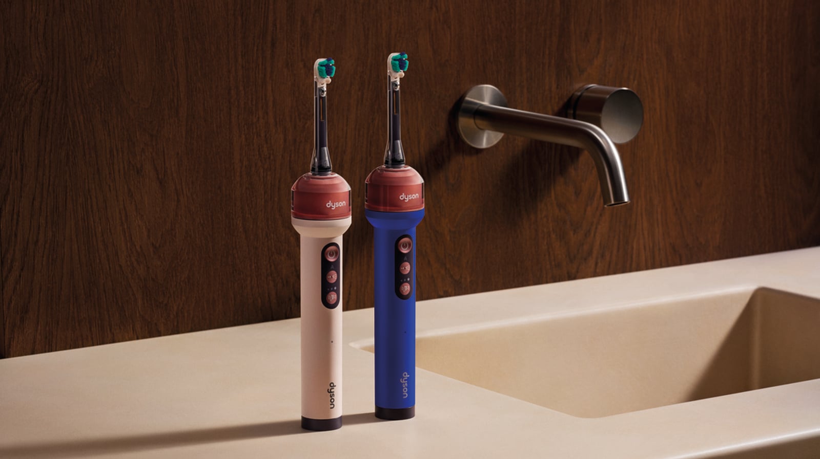 The Dyson CameraJet electric toothbrush standing on its refill dock