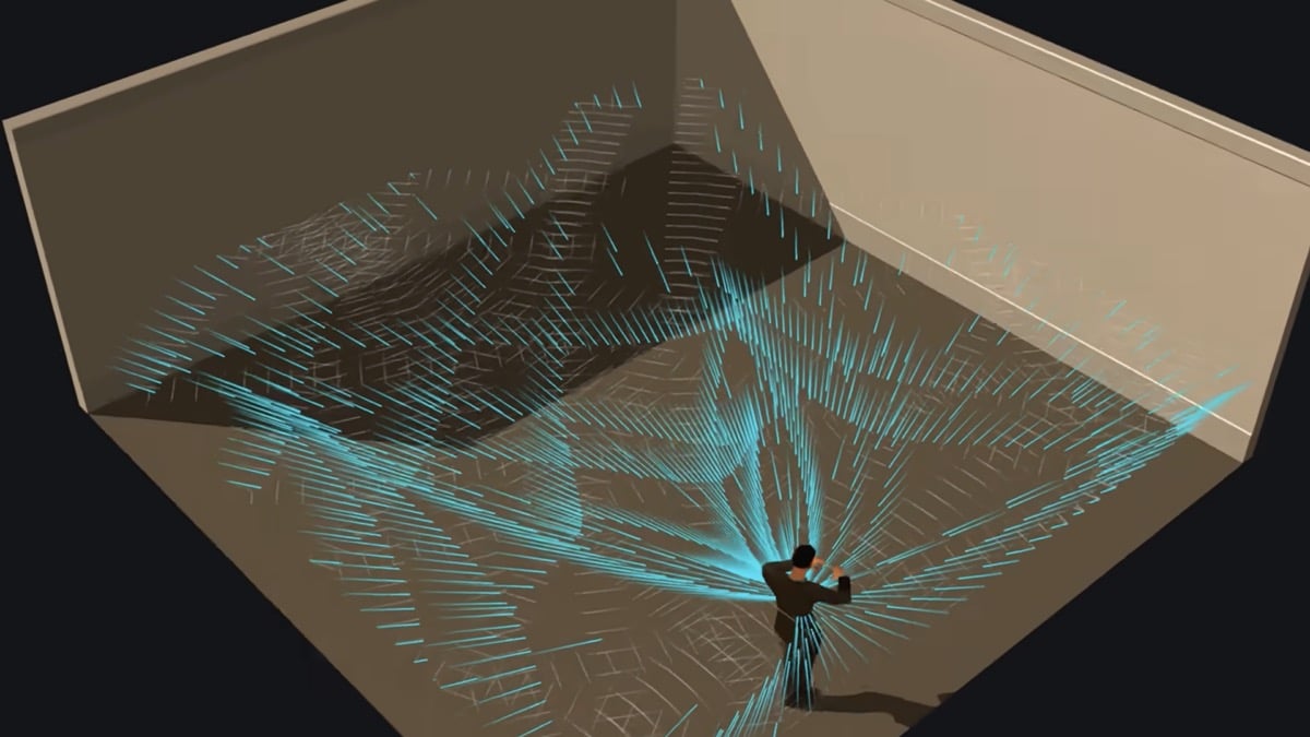Vercidium's raytraced audio plugin for Godot, showing colored audio rays bouncing through a 3D level