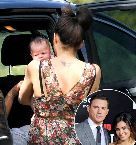 Jenna Dewan-Tatum with her baby Everly and with her husband Channing inset