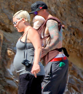 Pink and husband Carey Hart with their baby at the beach