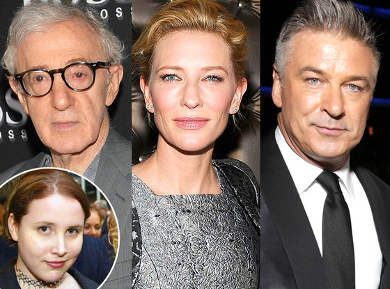 Woody Allen, Cate Blanchett, and Alec Baldwin with Dylan Farrow inset