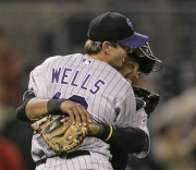 Yorvit Torrealba and Kip Wells after the game ends