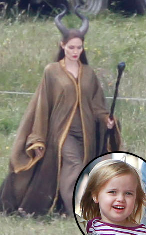 Angelina Jolie on the set of 'Maleficent' and Vivienne Jolie-Pitt inset