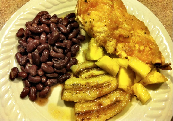 Pineapple Citrus Chicken with friend bananas and beans