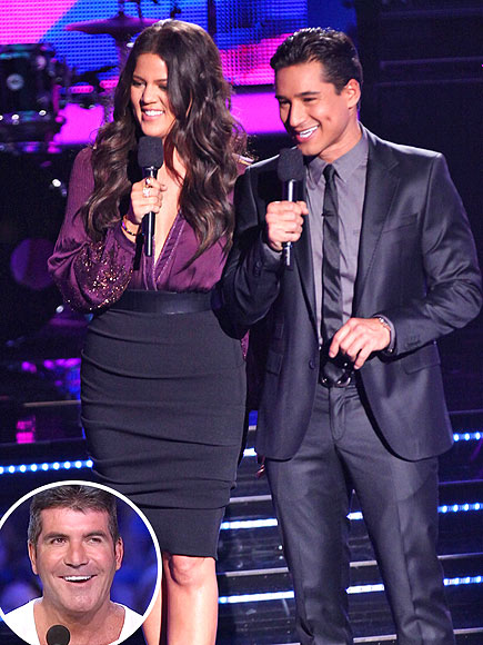 Khloe Kardashian with co-host Mario Lopez and Simon Cowell inset