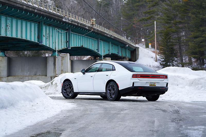 White Dodge Charger R/T four door rear three quarter view