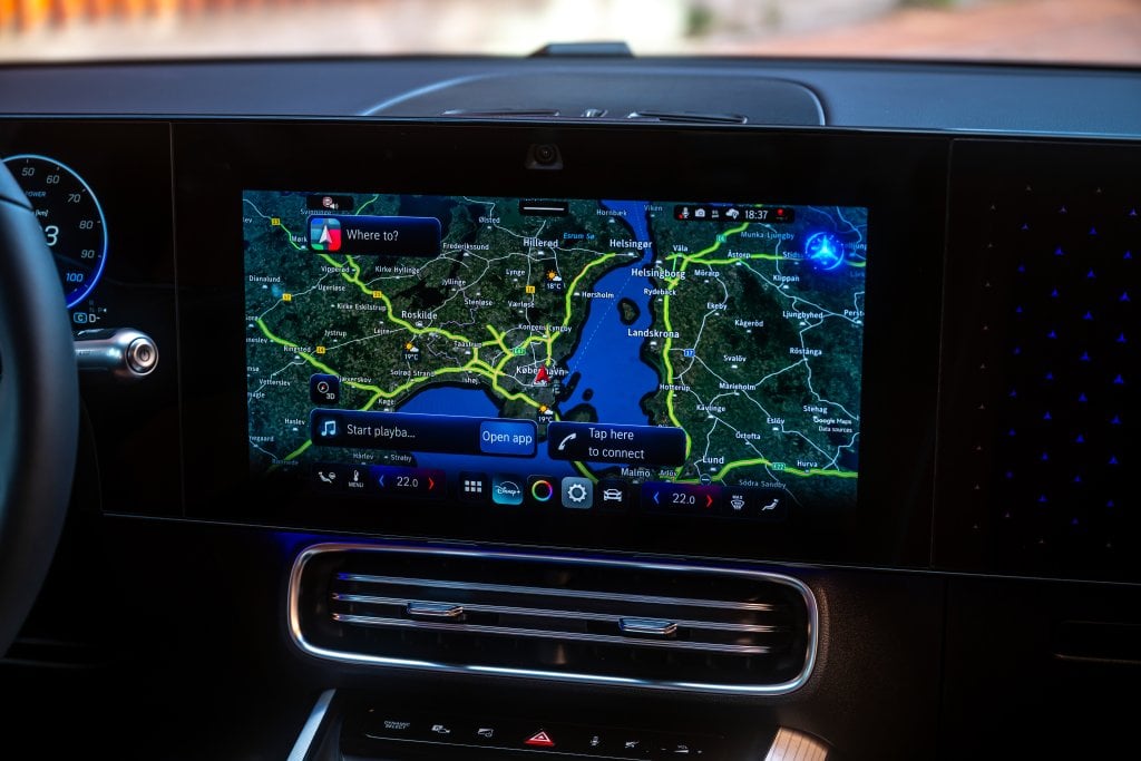 Official electric CLA launch image (European model shown): MBUX navigation touchscreen and climate controls.