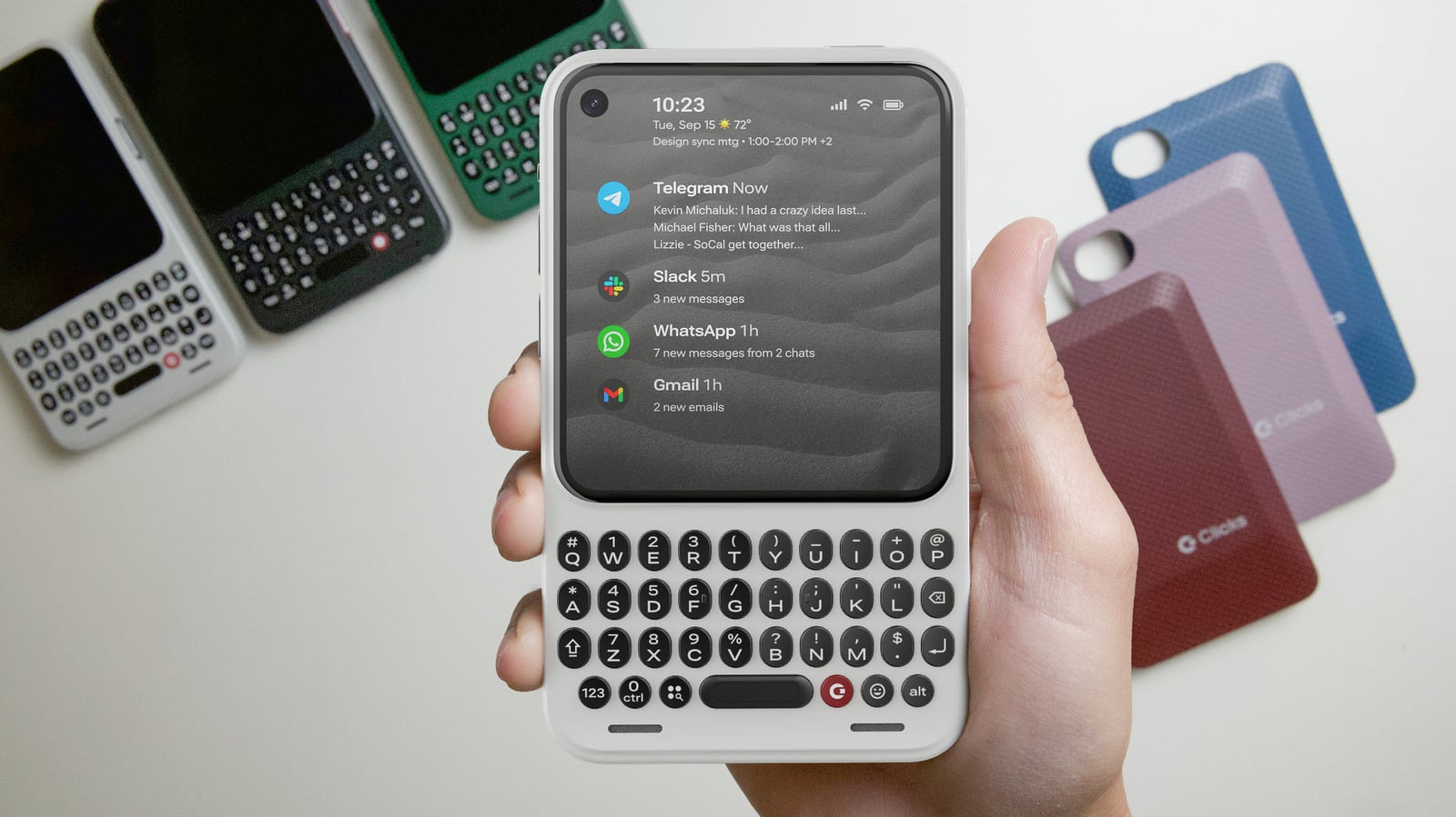 Clicks Communicator Android phone showing its small display above a full physical QWERTY keyboard