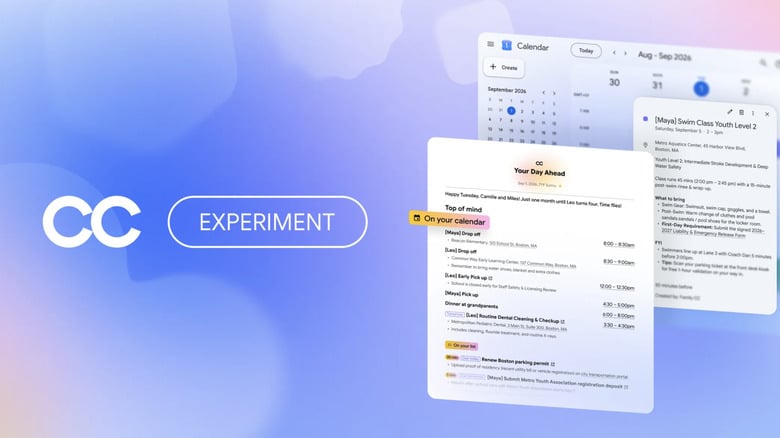 Google's CC AI agent shown on a phone and laptop, displaying a shared family calendar and daily brief