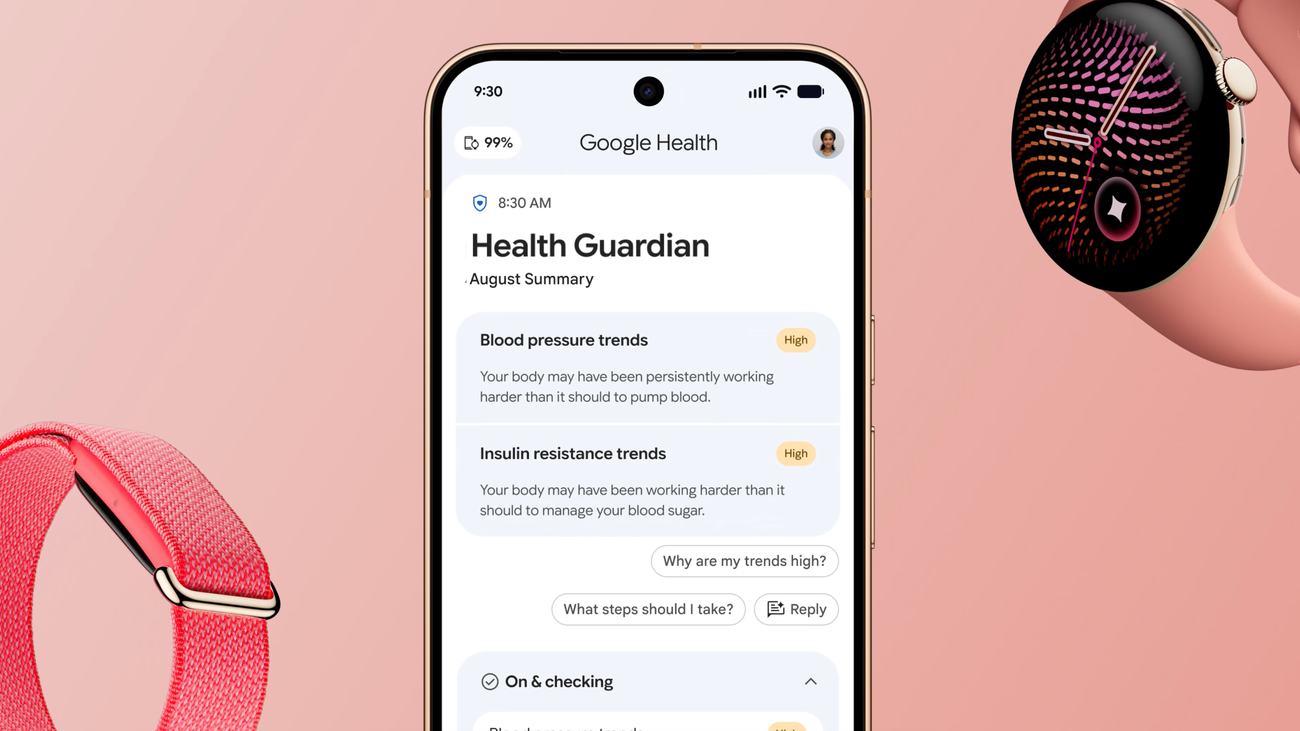 The Google Health app on a Pixel phone showing a Health Guardian monthly summary, with blood pressure trends and insulin resistance trends both flagged High, next to a Pixel Watch