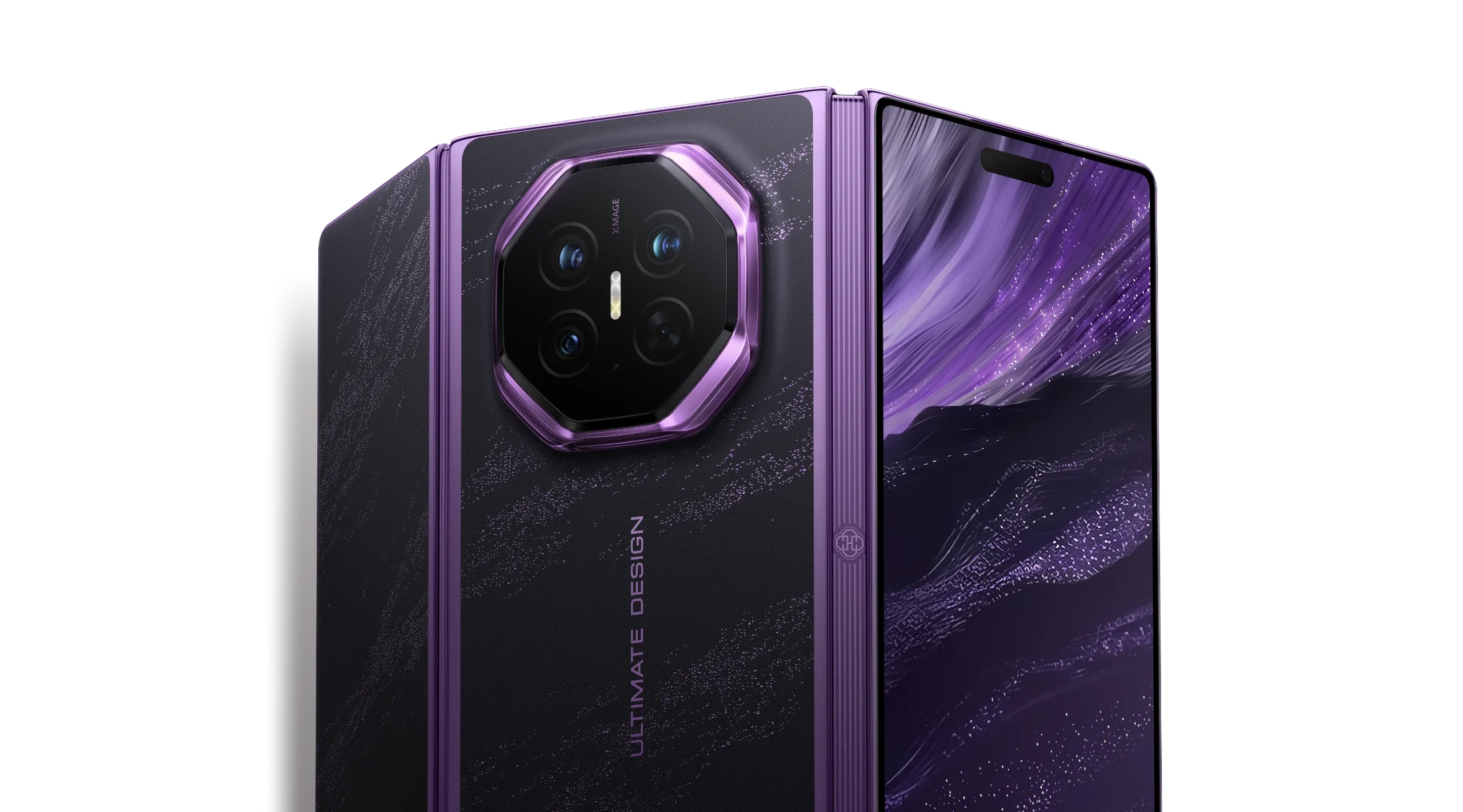 Huawei Mate XT 2 Ultimate Design tri-fold smartphone shown partially unfolded, with its octagonal rear camera module visible