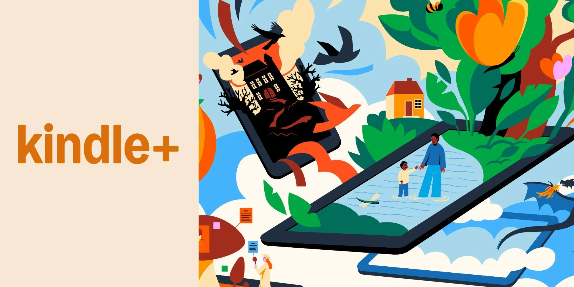 Promotional image for Amazon's Kindle+ subscription showing a Kindle e-reader alongside the new Kindle+ branding