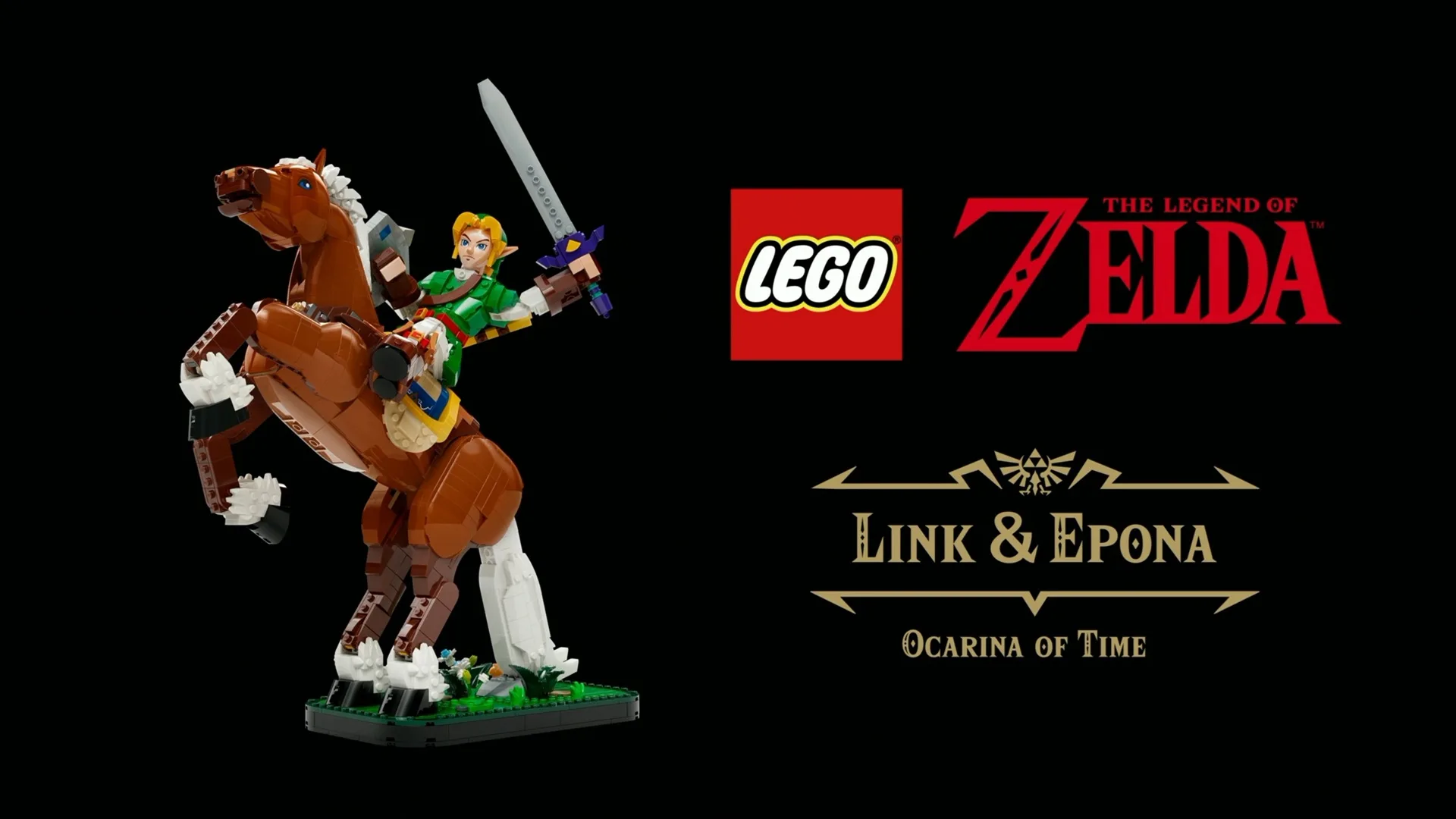 LEGO The Legend of Zelda: Ocarina of Time Link & Epona set, showing adult Link riding Epona built in brick