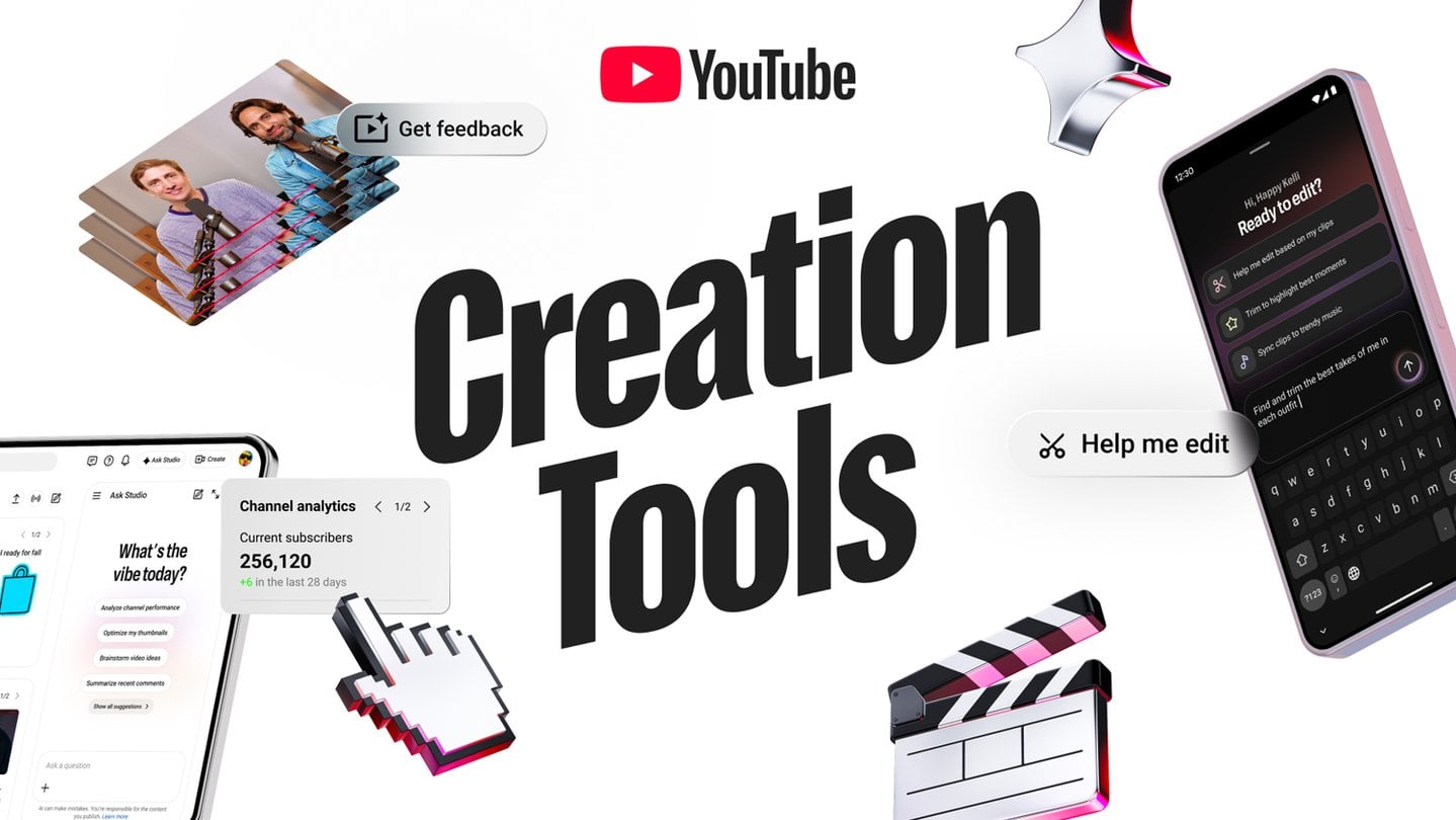 YouTube Creation Tools graphic showing Ask Studio in YouTube Studio, a Get feedback button over a video, and a Help me edit prompt on a phone