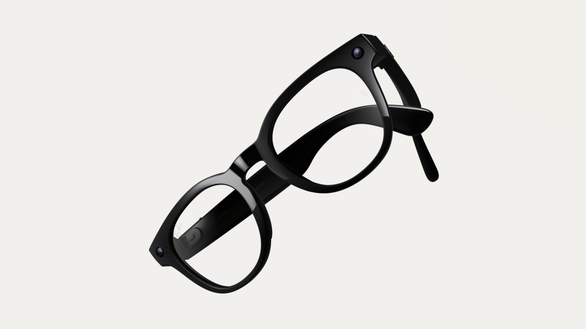 A pair of black Meta AI glasses with camera lenses in each corner of the frame
