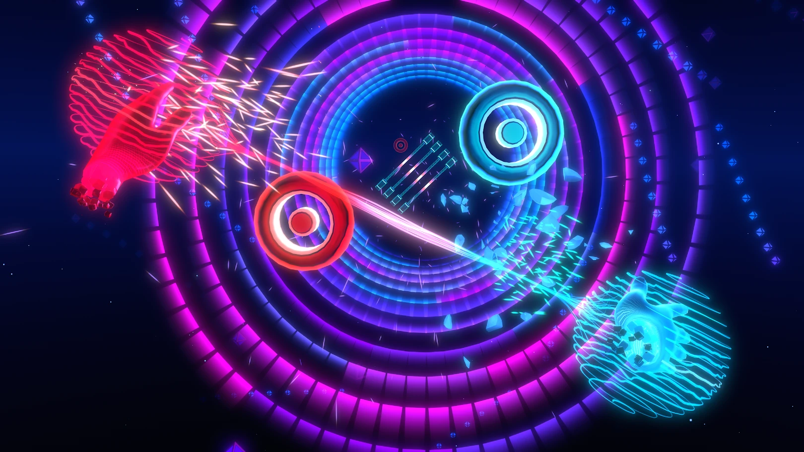 Beat Saber's new Flux mode, with glowing red and blue hands channeling energy toward circular notes inside a neon tunnel