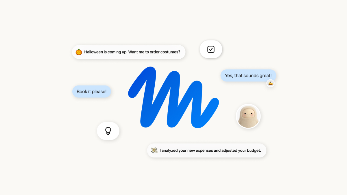 Meta Muse personal AI agent graphic with chat bubbles offering to order Halloween costumes and adjust a budget