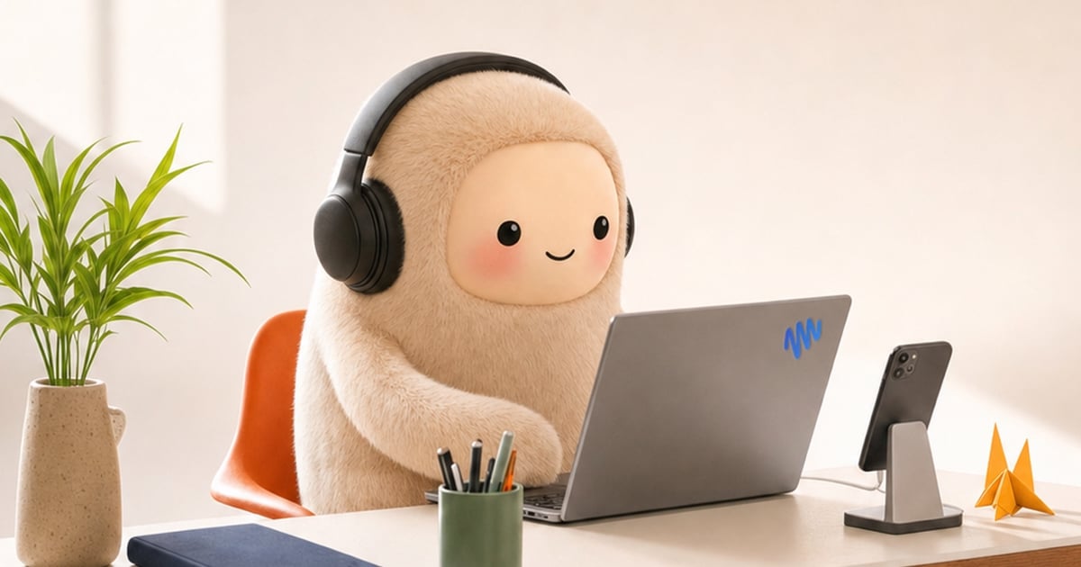 Meta's Muse mascot wearing headphones and working at a laptop
