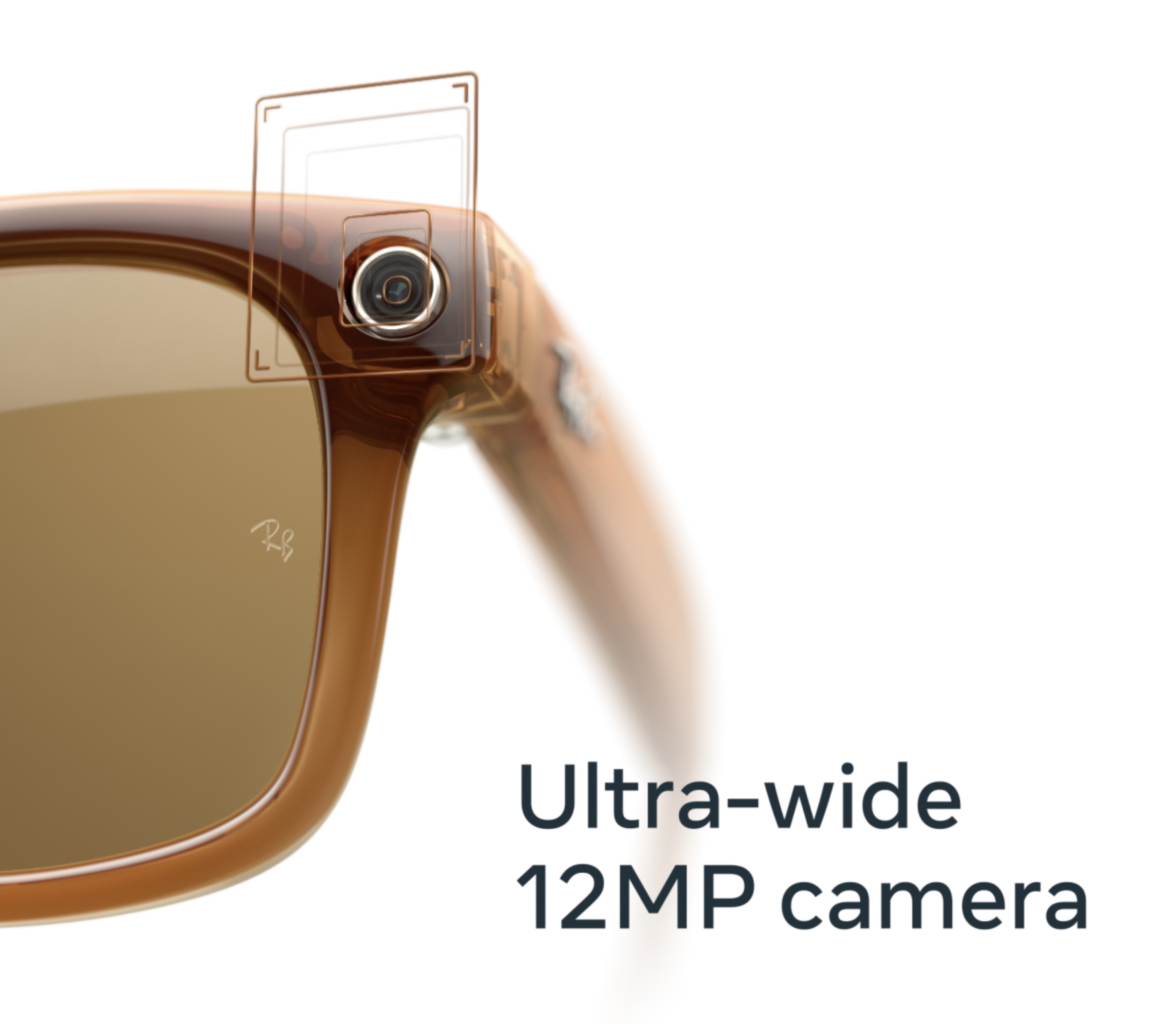 Close-up of the camera lens built into the corner of a pair of Ray-Ban Meta smart glasses