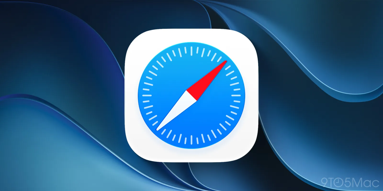 The Safari browser compass icon on a blue wave background