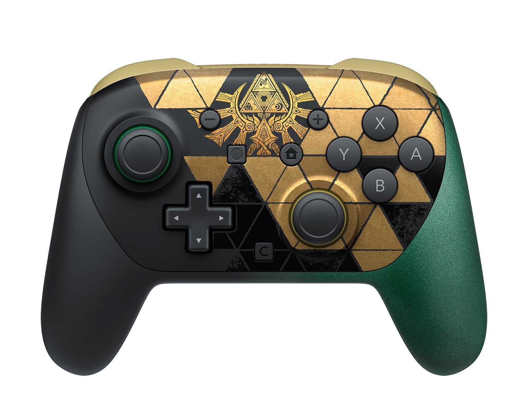 Nintendo Switch 2 Pro Controller The Legend of Zelda 40th Anniversary Edition, with a black left grip, green right grip and gold Triforce on the face, sitting on its bundled display stand