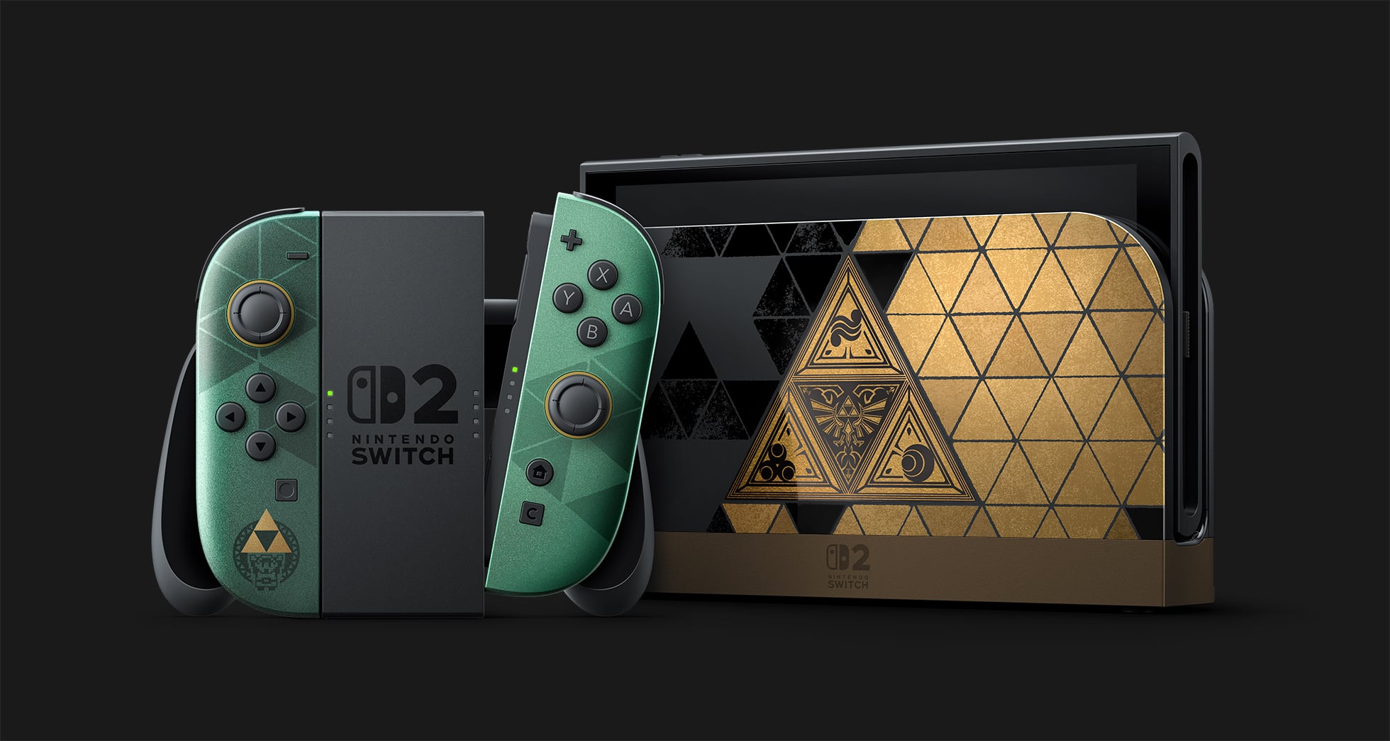 Nintendo Switch 2 The Legend of Zelda 40th Anniversary Edition: black console with gold Triforce pattern, dark green Joy-Con 2 controllers and a black dock with a large gold Triforce