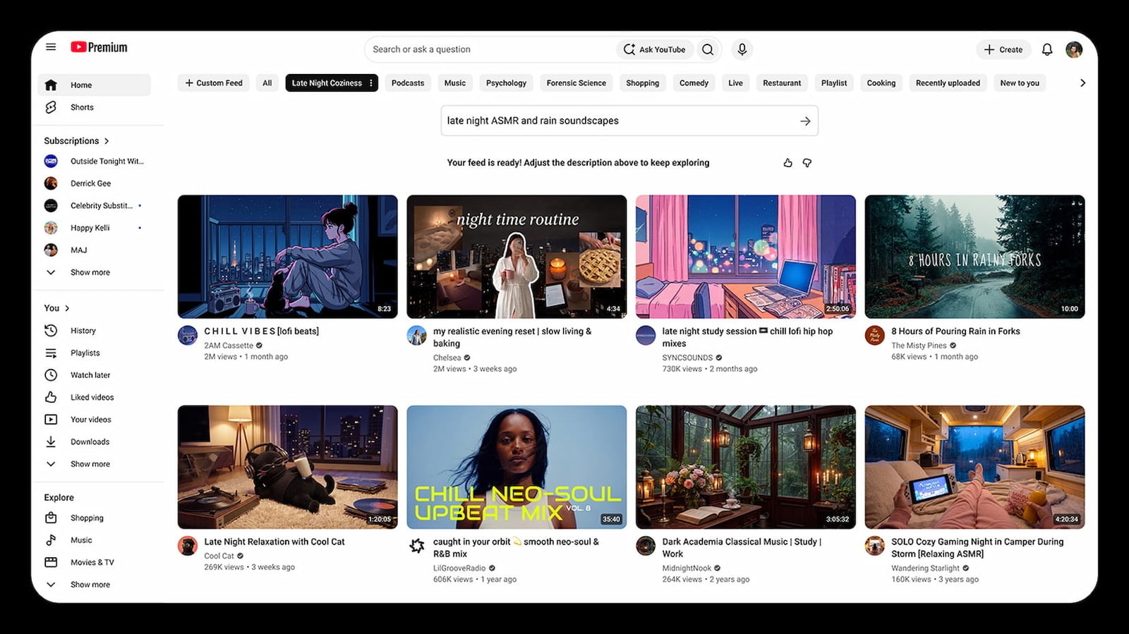 YouTube's new AI-generated custom feeds interface, showing a prompt-built feed tab on the homepage