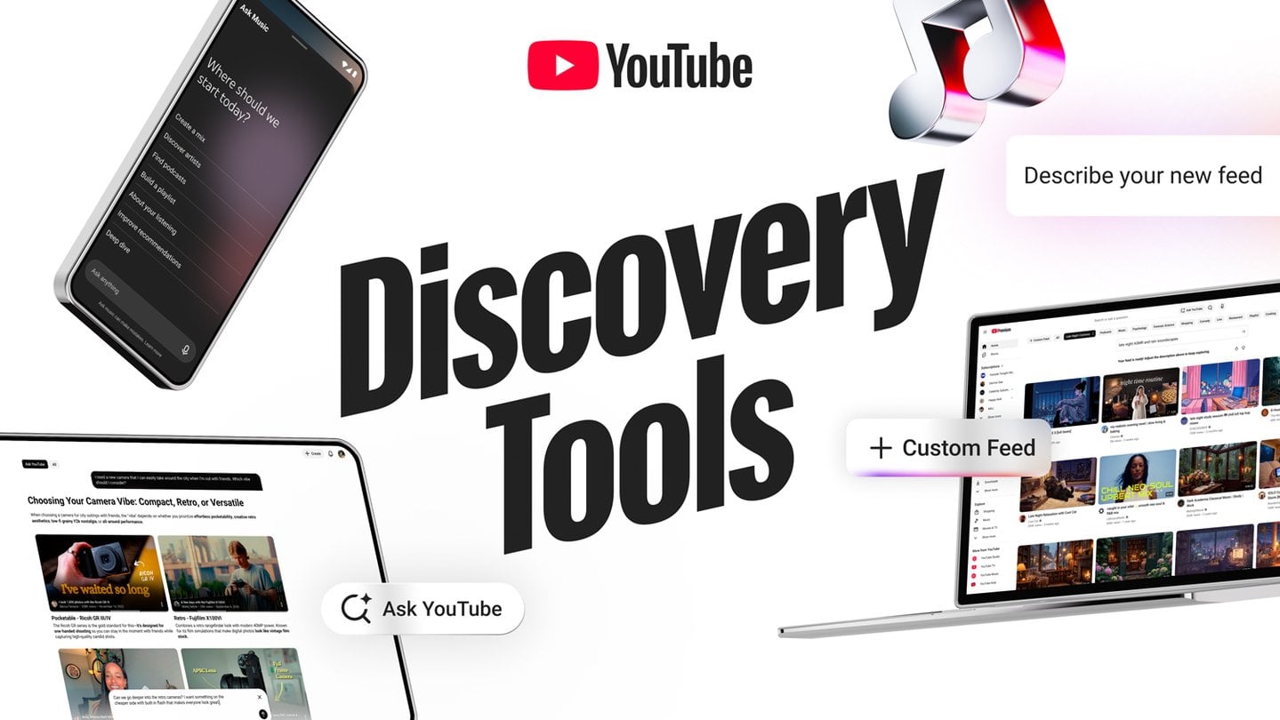 YouTube Made on YouTube 2026 discovery tools graphic showing the Custom Feed button and a Describe your new feed prompt box