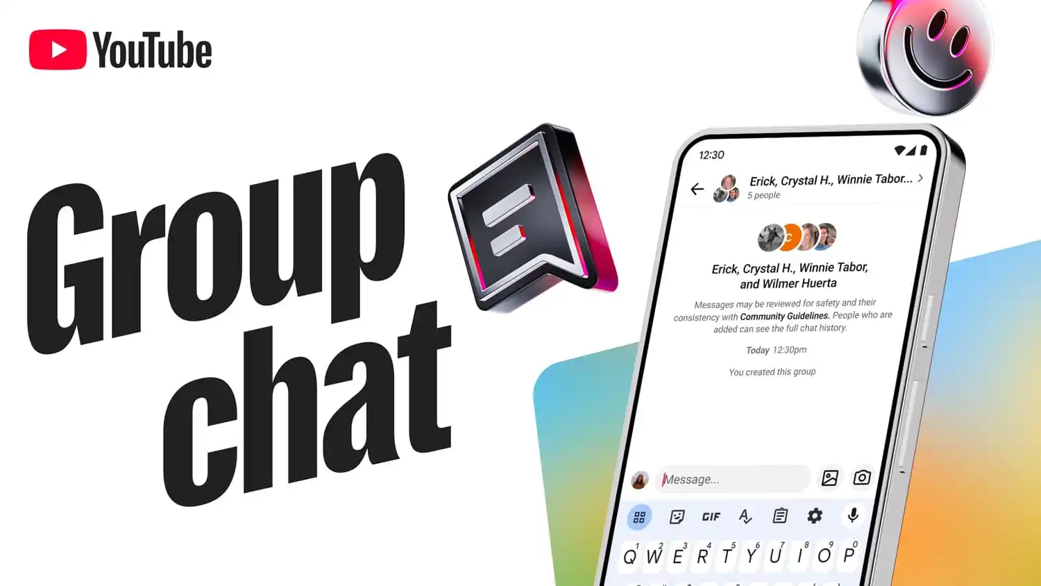 YouTube promotional image for group chat, showing a phone with a four-person YouTube group conversation