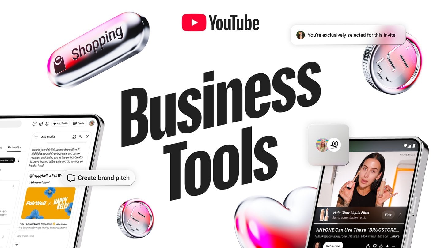 YouTube Business Tools graphic showing Ask Studio drafting a brand pitch and a Shorts video with a YouTube Shopping product tag that earns commission