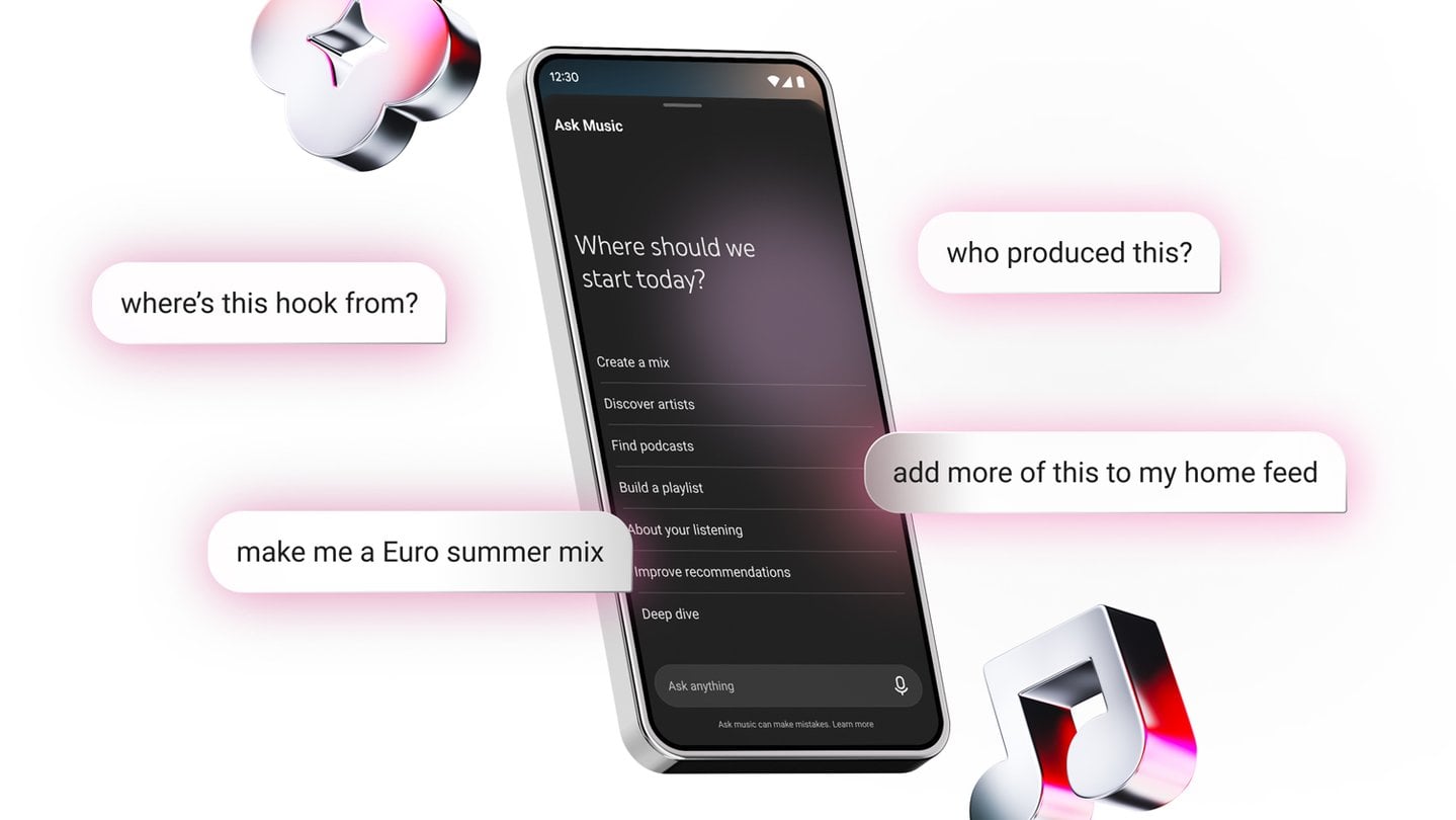 YouTube Music's Ask Music chat on a phone, with sample prompts like who produced this and make me a Euro summer mix
