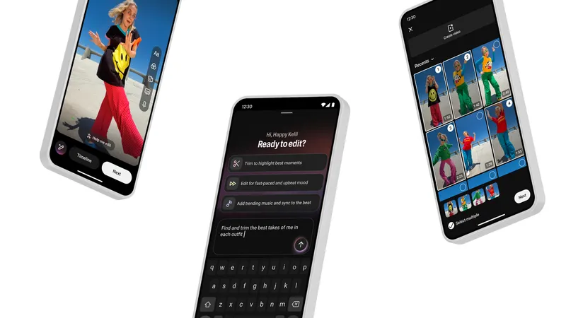 YouTube's Gemini-powered conversational editing assistant on three phones, showing suggested prompts like Trim to highlight best moments and Add trending music and sync to the beat