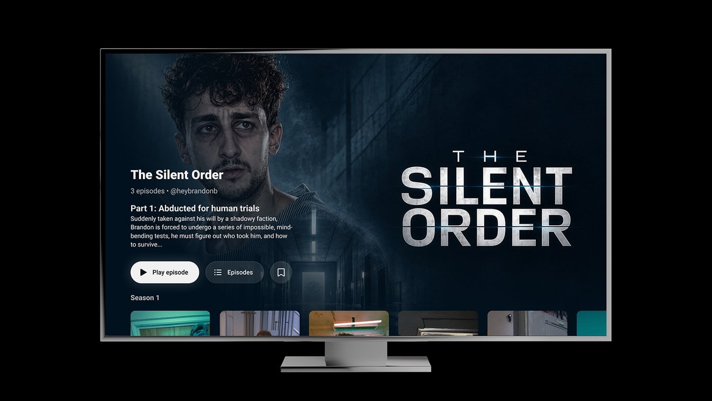 A TV showing a YouTube Shorts series page for The Silent Order, with three episodes from @heybrandonb, Play episode and Episodes buttons, and a Season 1 row of thumbnails
